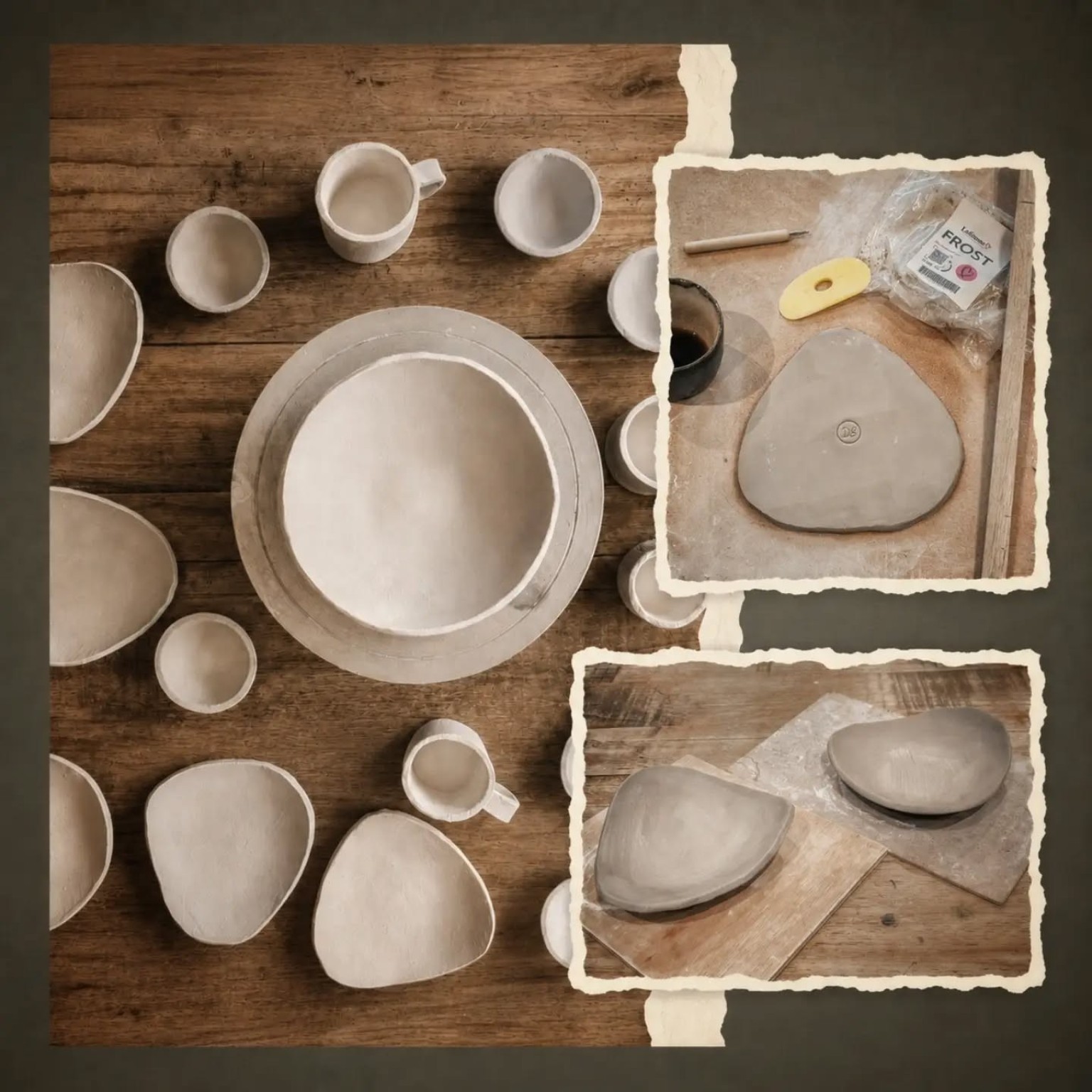 Hand-built pieces and LoStone Frost work photographed on a wooden surface